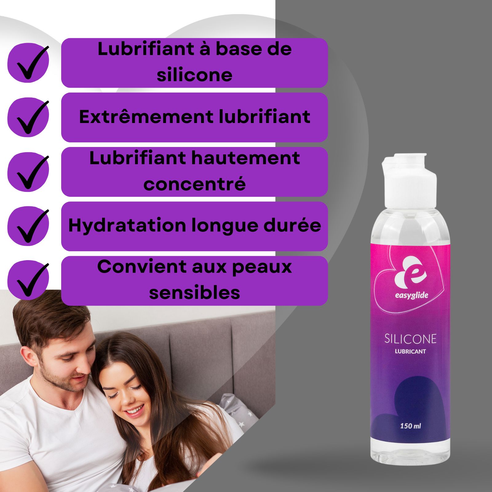 Flacon de gel lubrifiant silicone. Étiquette rose-violet avec logo et texte. Couple au lit. Texte: À base de silicone.