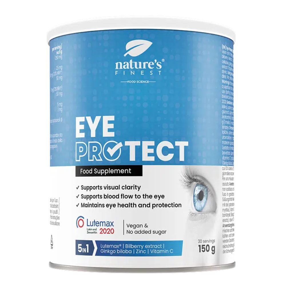Witte pot met blauwe deksel. Opschrift: EYE PROTECT, voedingssupplement. Bevat 30 porties, 150g. Vegan & zonder suiker.