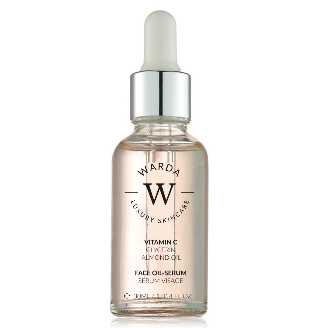 Flacon en verre avec sérum. Inscription : Vitamin C Skin Glow Boost Oil-Serum. Contient de la glycérine et de l'huile d'amande. Avec pipette.