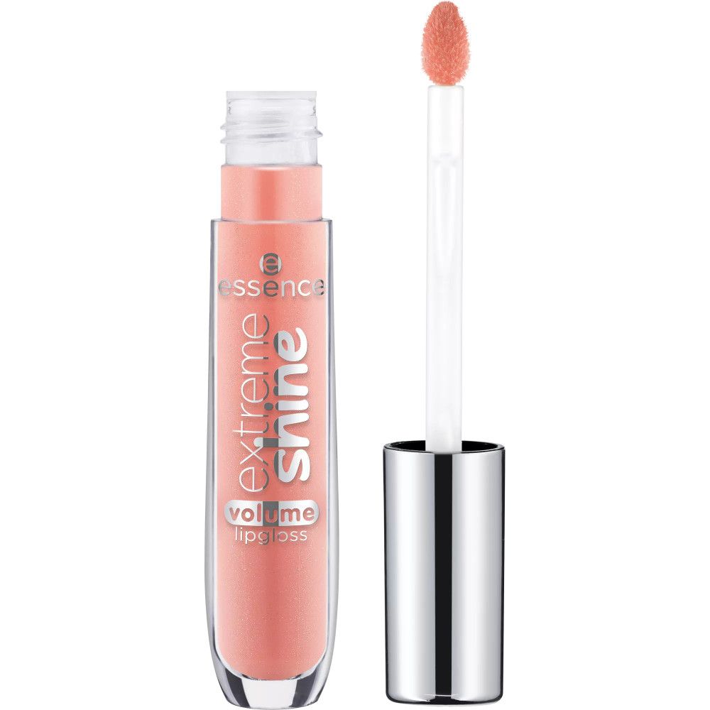 Essence Extreme Shine Lipgloss met applicator. Transparante tube, zilveren dop, roze inhoud.