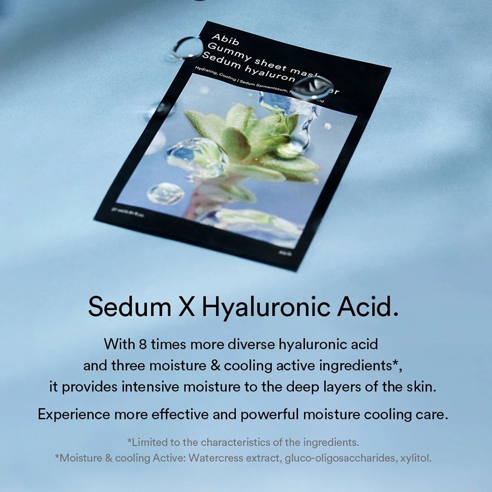 Abib Gummy Sheet Mask Sedum Hyaluron Sticker avec texte sur l'acide hyaluronique.