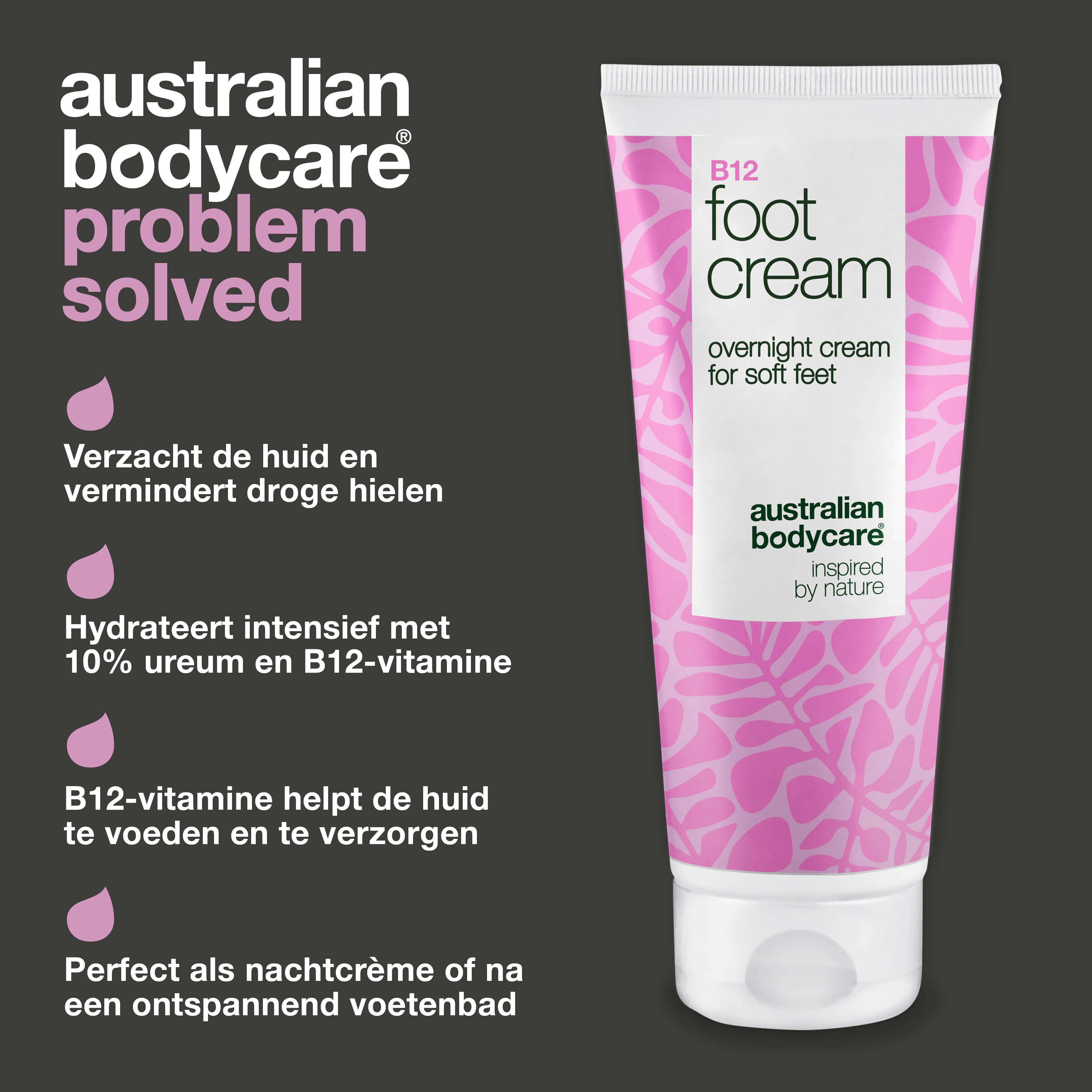 B12 Foot Cream. Roze tube. Tekst: overnight cream for soft feet, Australian Bodycare. Roze druppels. Tekst: probleem opgelost.