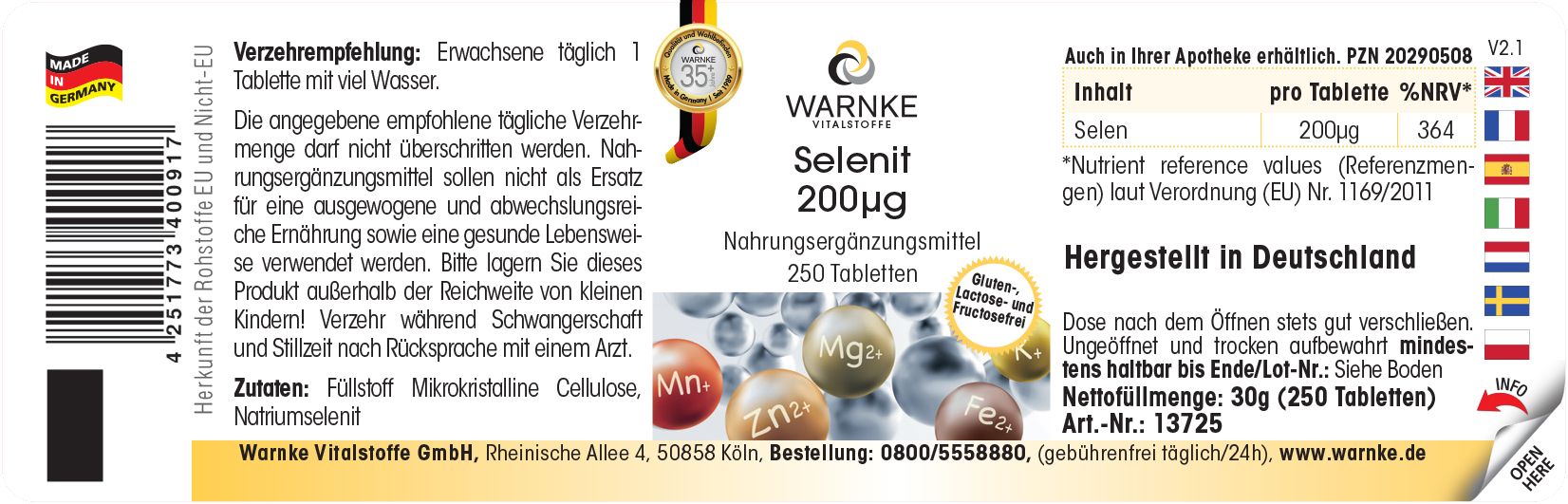 Étiquette avec informations sur le produit. Inscription: Warnke Selenit 200µg. 250 comprimés. Fabriqué en Allemagne. Avec certification.
