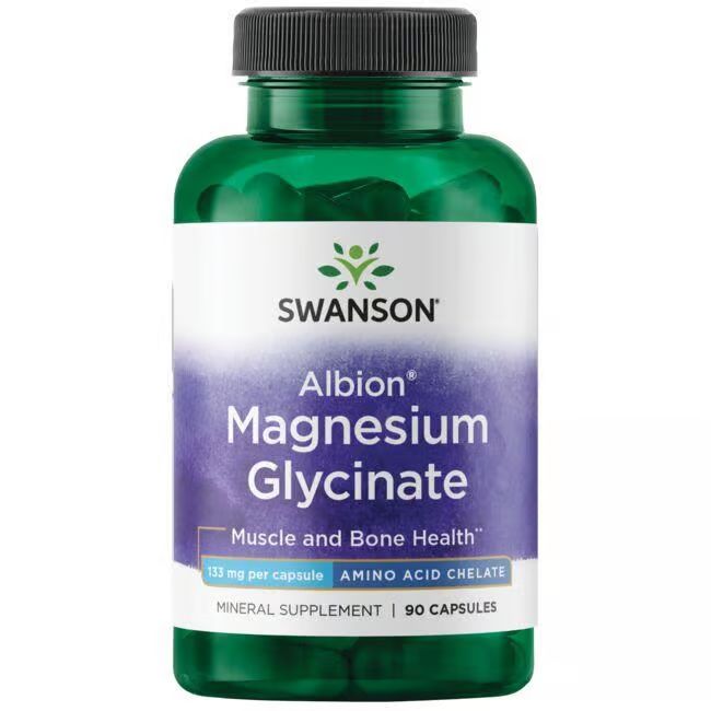 Groene fles met witte en paarse etiketten. Opschrift: SWANSON Albion Magnesium Glycinate, 133 mg per capsule, 90 capsules.