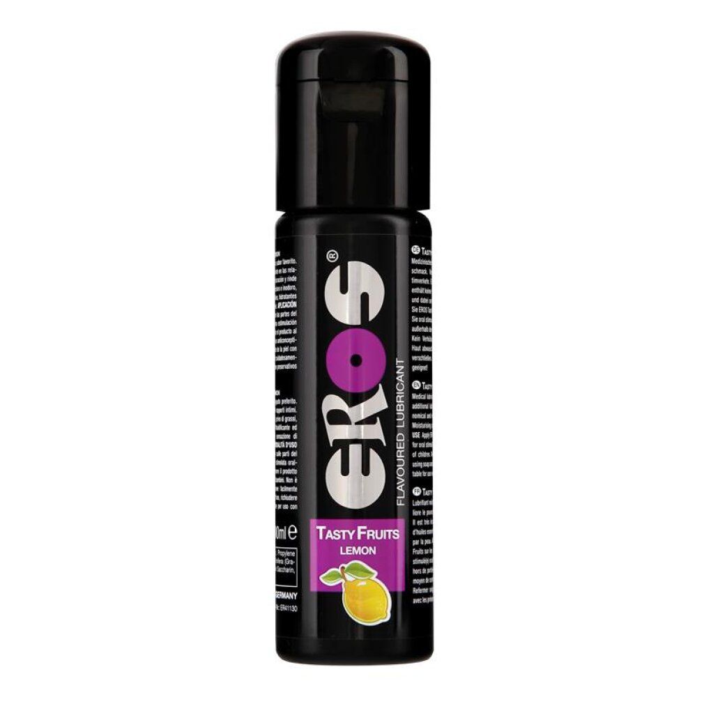 Lubrifiant Eros Tasty Fruits Citron, bouteille noire. Accent violet dans le logo. Illustration de citron en bas.