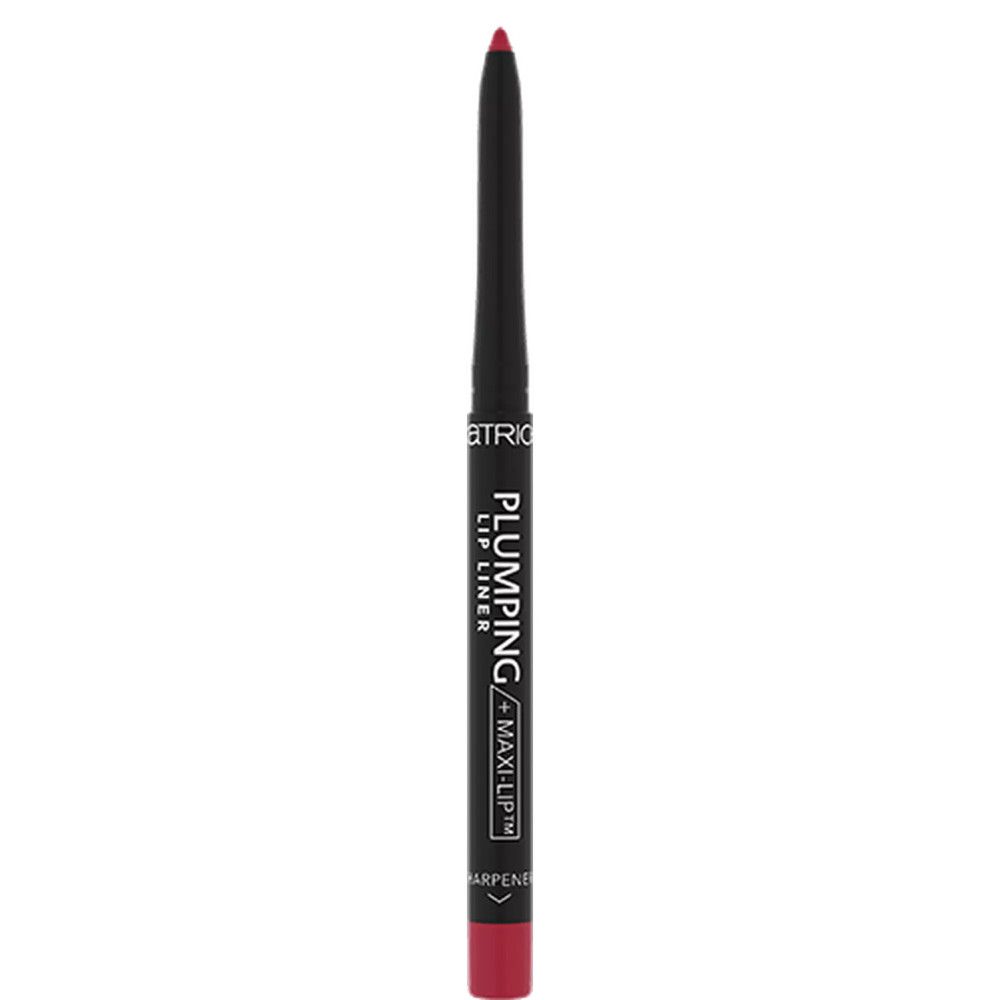 Rode lipliner. Cilindrisch. Zwarte tekst: PLUMPING LIP LINER / MAXI-LIP. Merk: Catrice.
