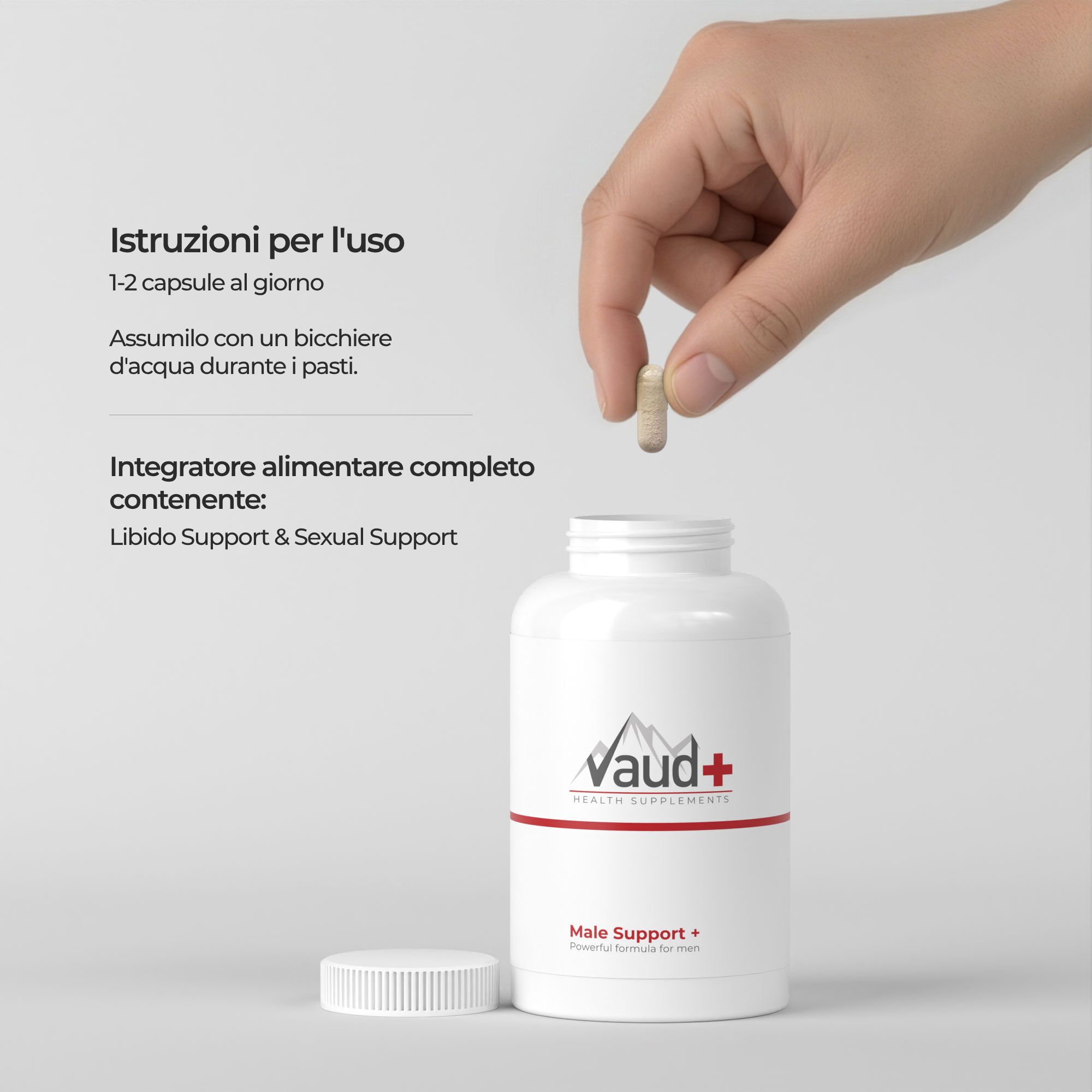 Main dépose une gélule dans un flacon. Texte : Utilisation : 1-2 gélules par jour. Complément alimentaire.