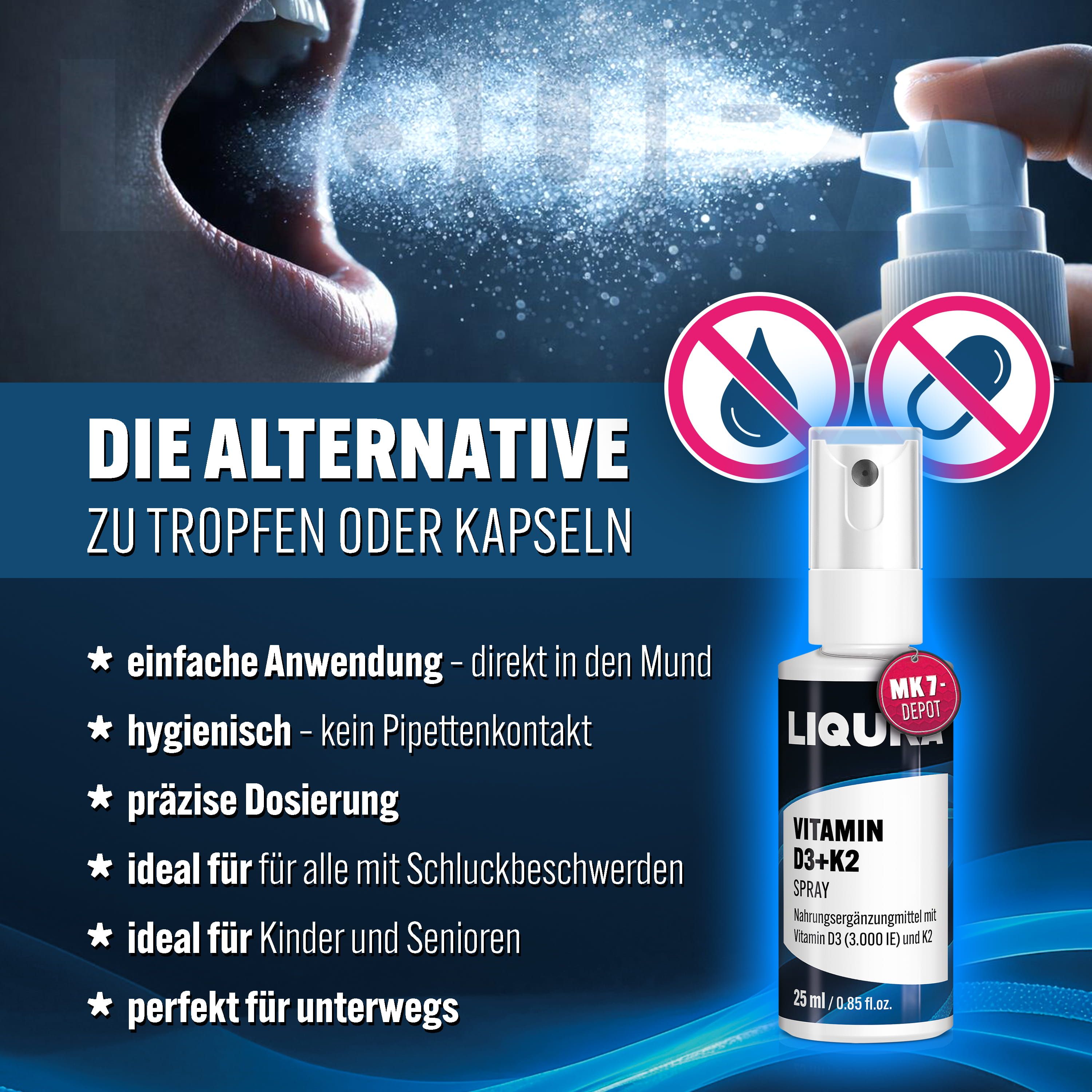 Spray LIQURA Vitamine D3+K2, alternative aux gouttes ou gélules.