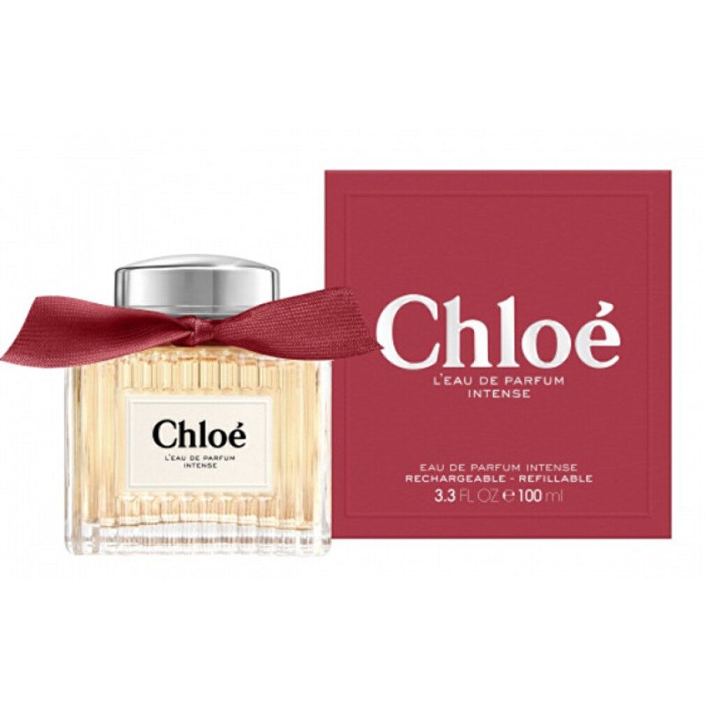 Flacon Chloé L'Eau de Parfum Intense à côté d'une boîte cadeau rouge, 100ml.