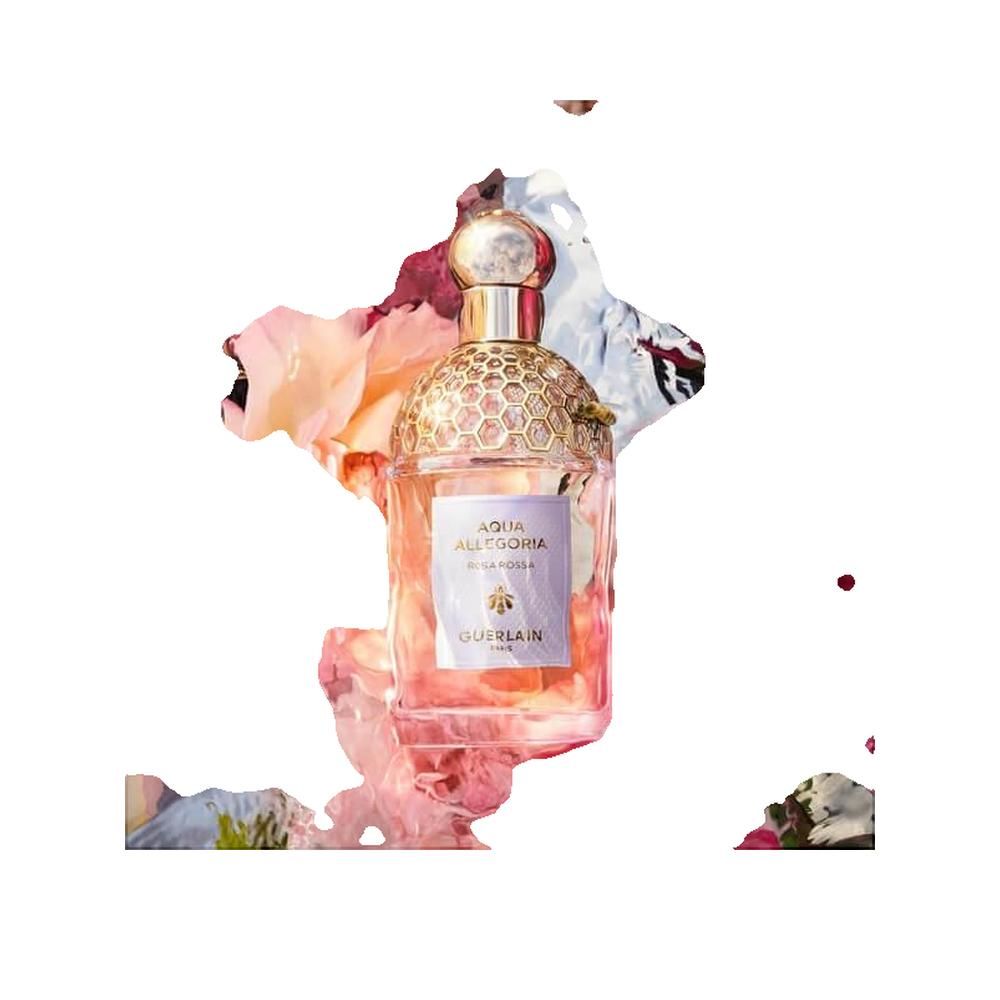 Parfumfles met gouden dop en etiket. Op het etiket staat "Aqua Allegoria Rosa Rossa" en "Guerlain".