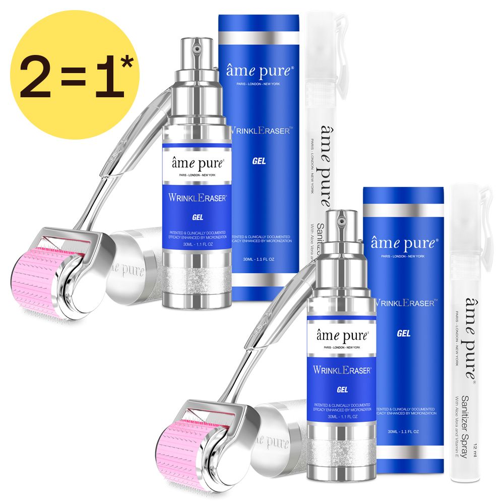 Deux kits WrinklEraser BASIC KIT, chacun avec un dermaroller et un flacon de gel.