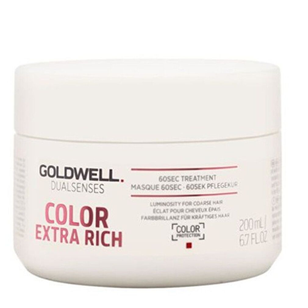 Witte pot met deksel. Opschrift: GOLDWELL DUALSENSES COLOR EXTRA RICH. 200ml. Rode stip.
