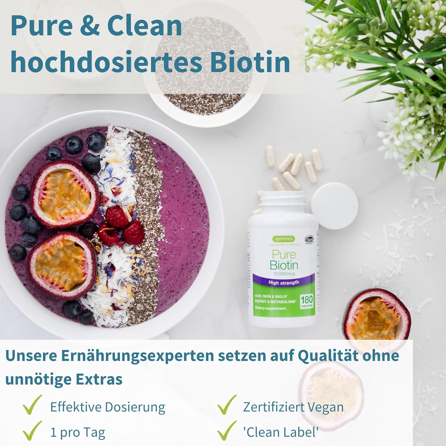 Image publicitaire avec flacon Pure Biotin, smoothie, fruits. Texte: Pure & Clean hochdosiertes Biotin. Vegan, Clean Label.