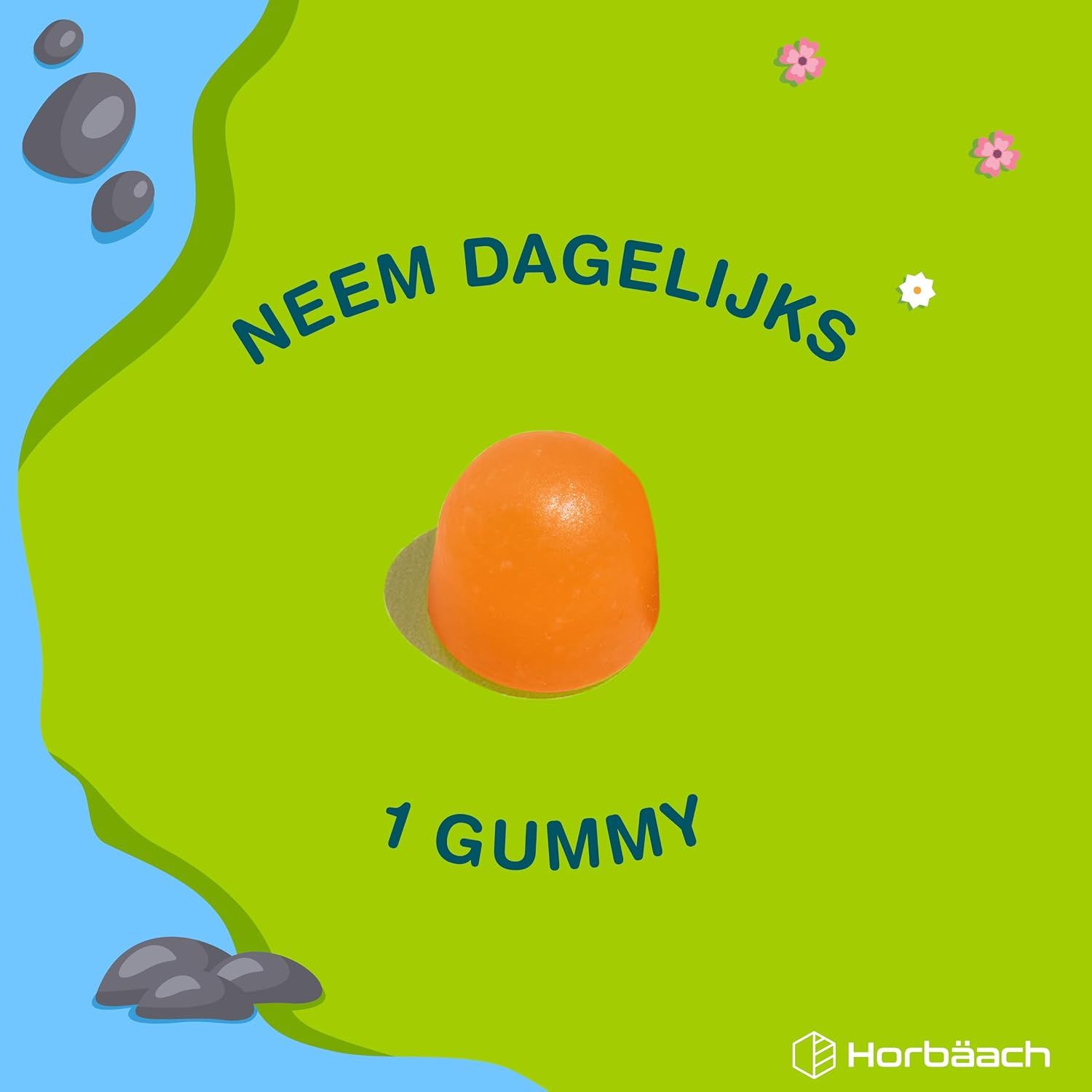 Een oranje gummy op een groene ondergrond. Tekst: "Neem dagelijks 1 gummy".