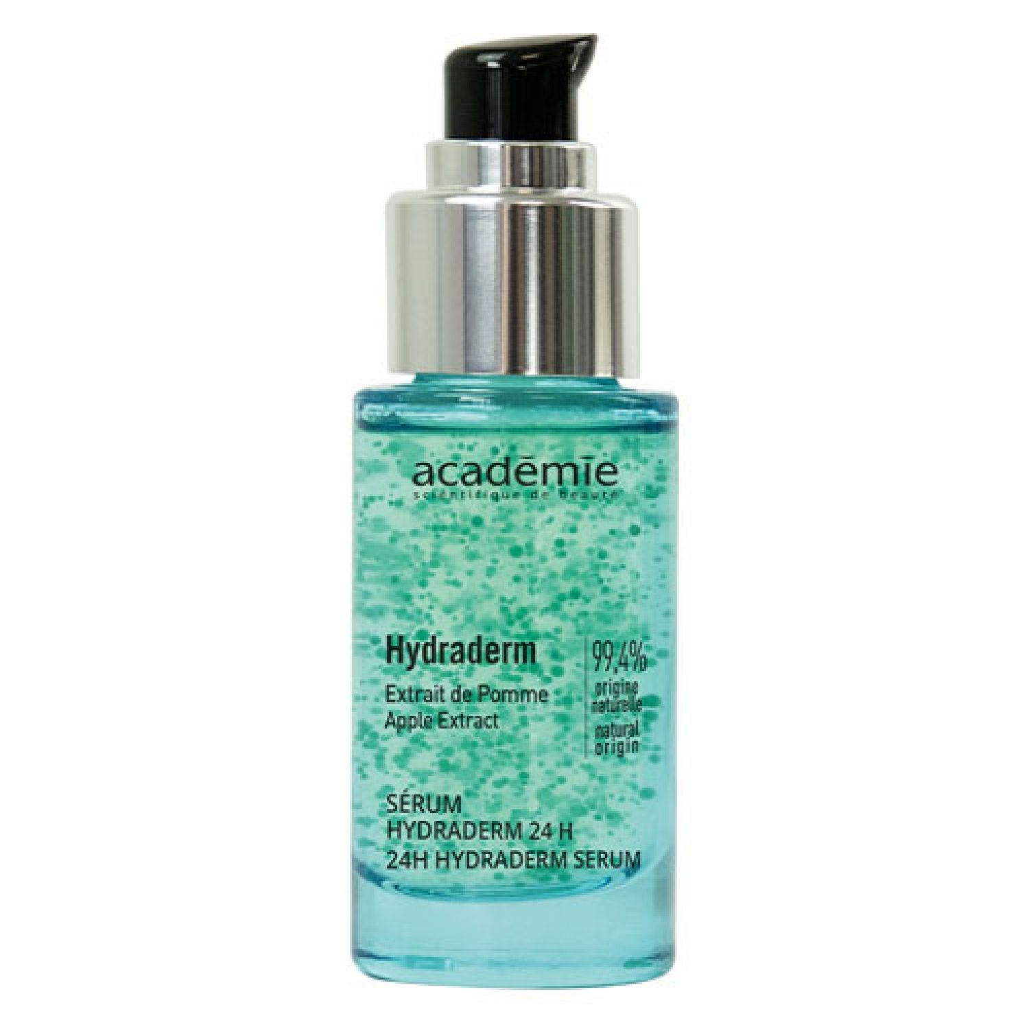 Flacon de sérum avec pompe. Liquide bleu avec particules vertes. Inscription: Hydraderm, Academie, Sérum 24H.