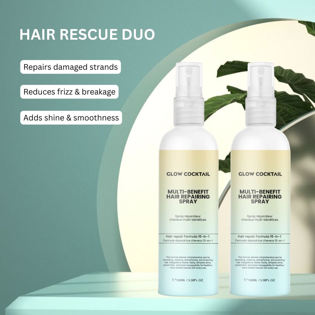 Twee spuitflessen. Opschrift: Glow Cocktail, Multi-Benefit Hair Repairing Spray. Tekst: Hair Rescue Duo. Groene achtergrond.