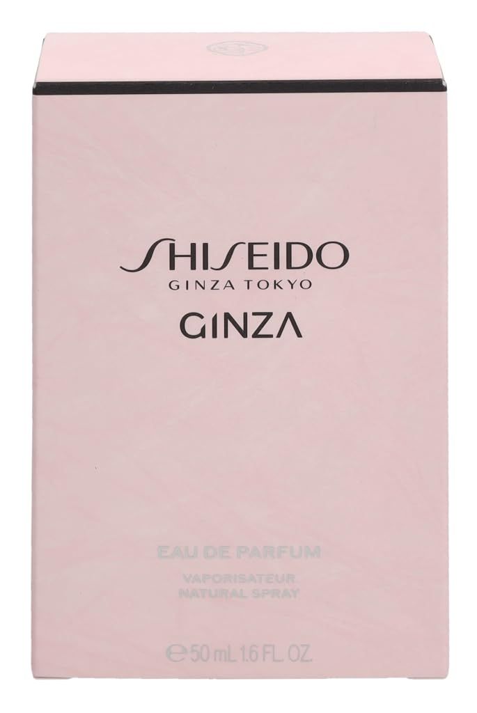 Boîte rose avec logo Shiseido Ginza. Texte: Eau de Parfum, Vaporisateur, Natural Spray, 50 ml.