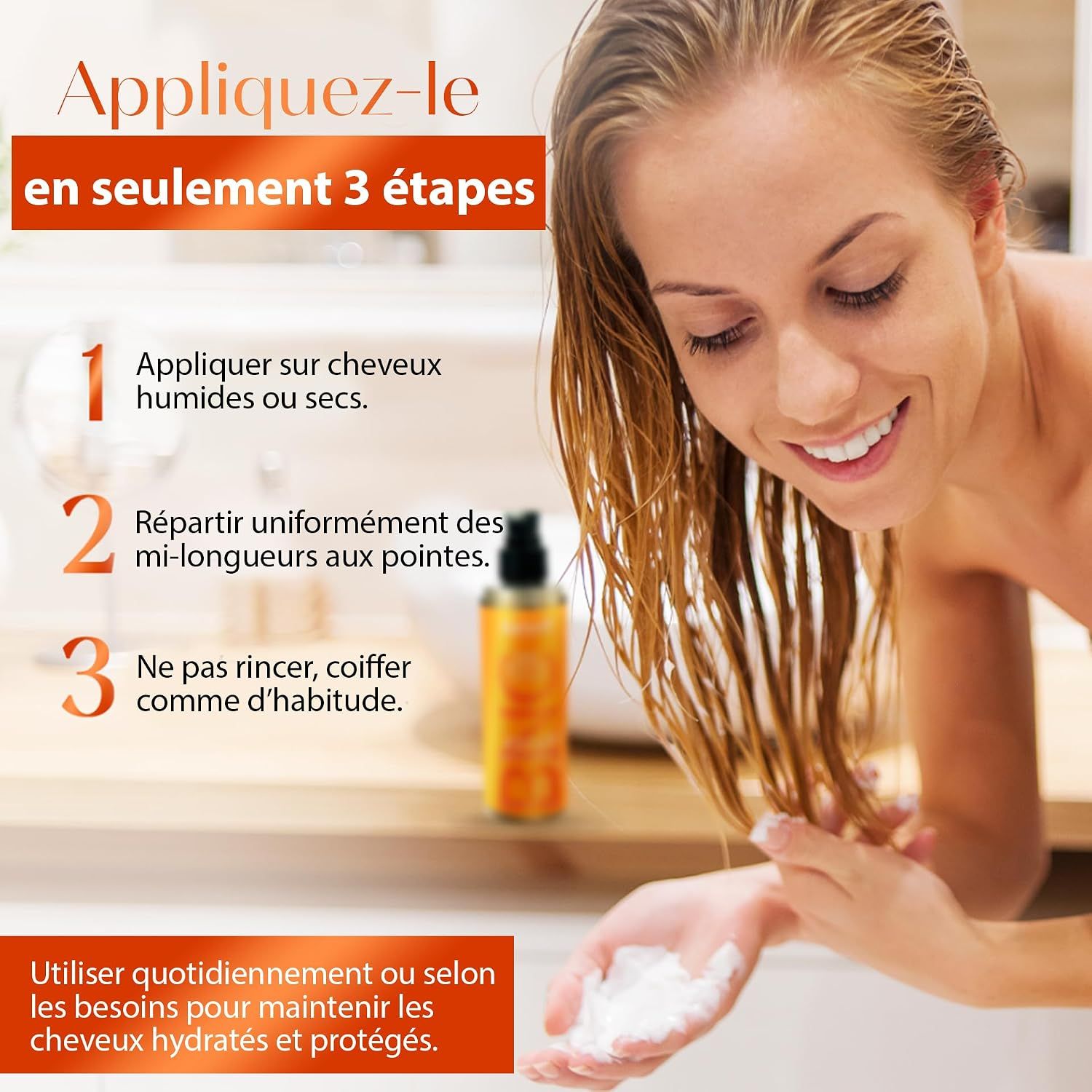 Femme aux cheveux mouillés appliquant un produit capillaire. Instructions en trois étapes visibles.