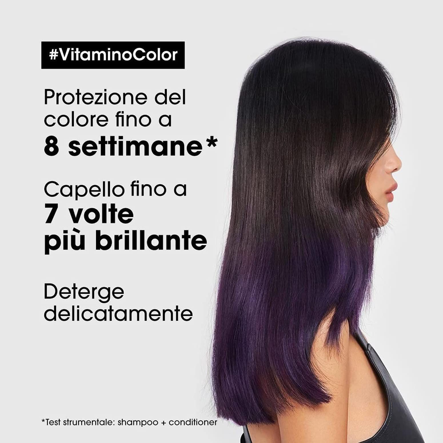 Femme aux cheveux violets. Texte : #VitaminoColor. Protection jusqu'à 8 semaines. Jusqu'à 7x plus de brillance. Nettoie en douceur.