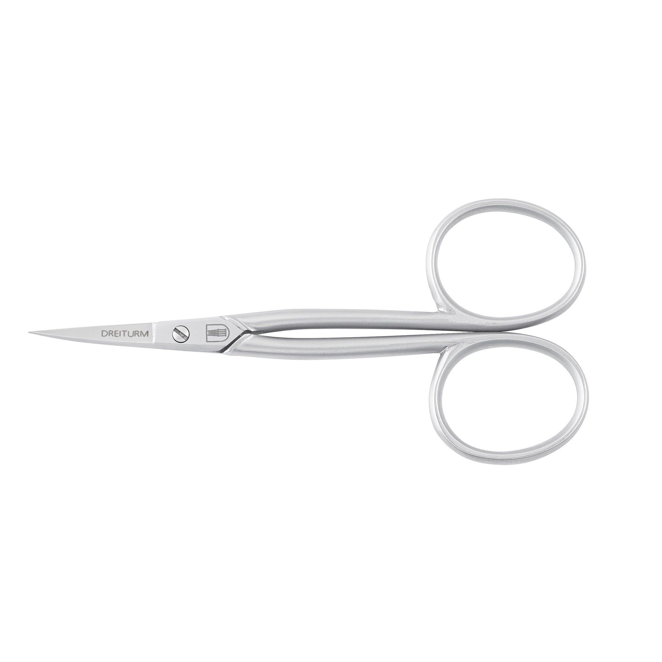 Ciseaux à cuticules en acier inoxydable mat. Avec des poignées arrondies et une pointe fine. Marque DREITURM Solingen.