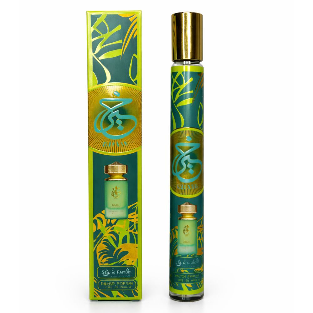 Groene fles met gouden dop en verpakking. Arabische tekens en productafbeelding.