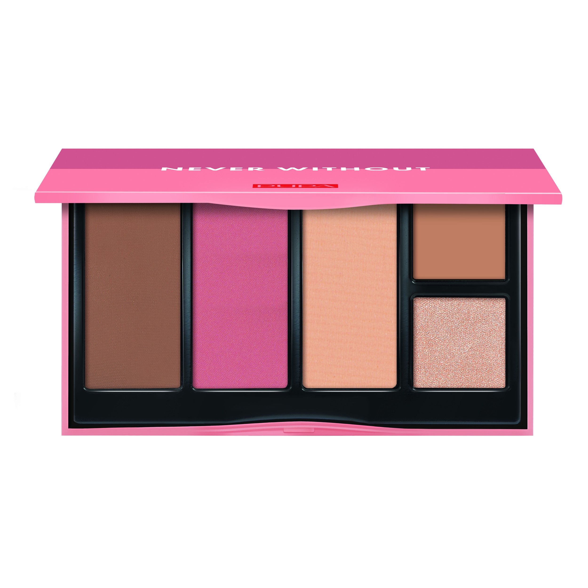 Pupa palette met vijf kleuren: bruin, roze, beige, lichtbruin en glinsterend roze.