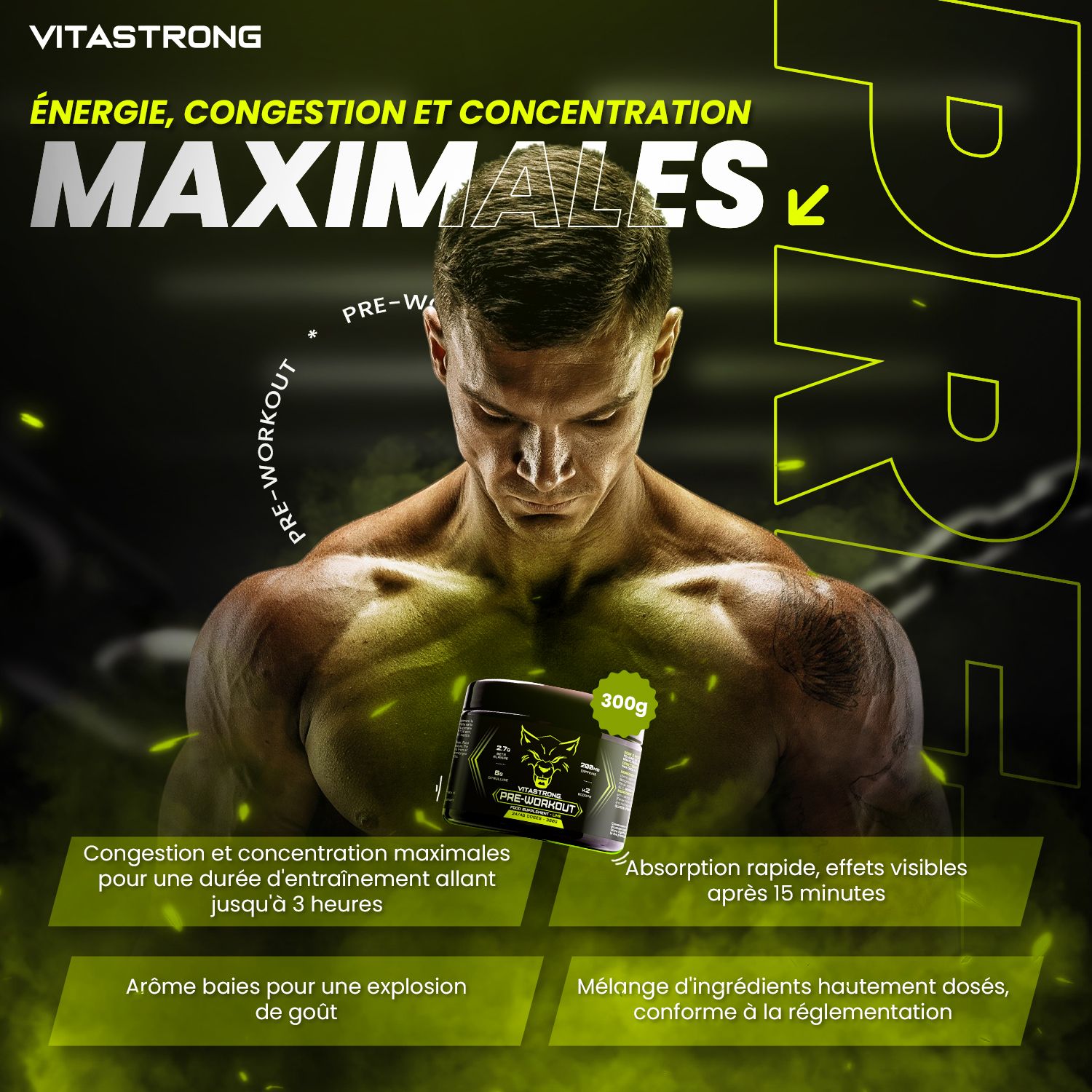 Vitastrong Pre-Workout pot naast gespierde man. Pot met 300g. Tekst: MAXIMALES Energie, Pump en Konzentration.