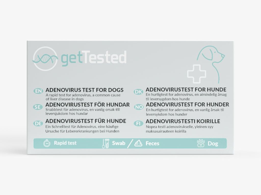 Boîte avec texte et logo. Contient des informations sur un test adénovirus pour chiens en plusieurs langues.