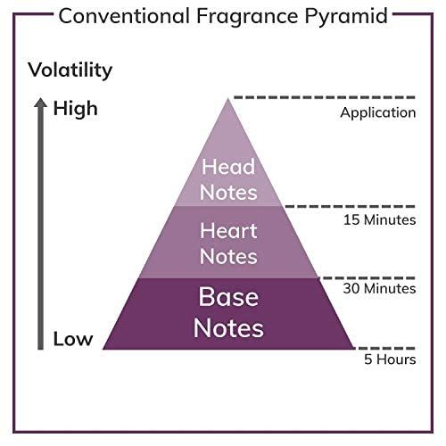 Diagramme de la pyramide olfactive. Montre les notes de tête, de cœur et de fond. Décrit la volatilité et le temps d'application.