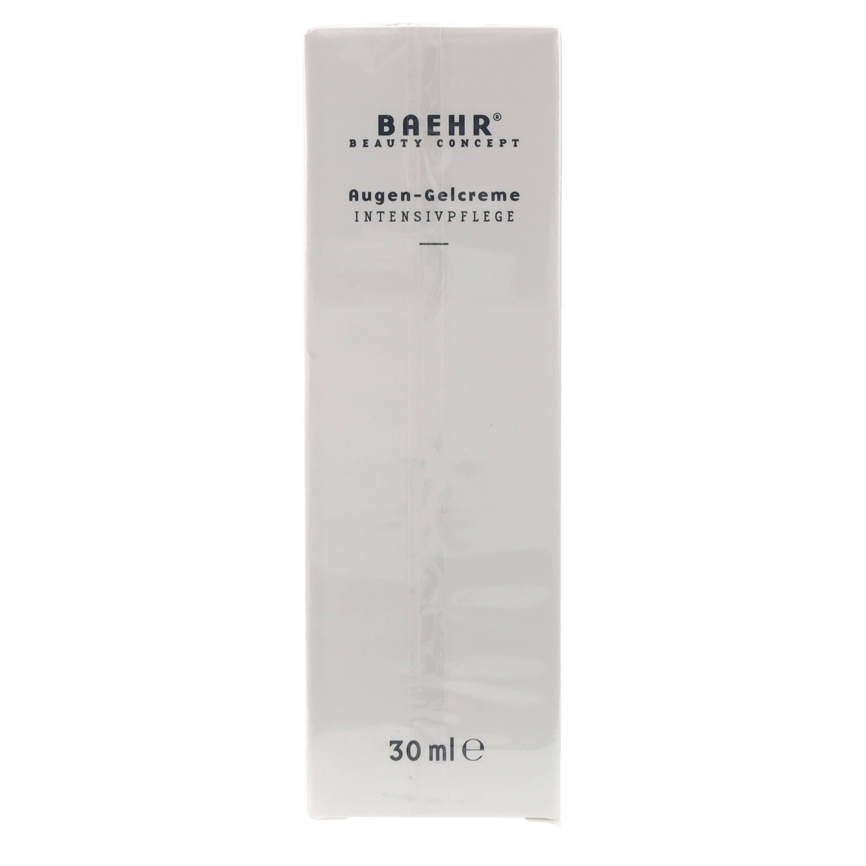 Witte verpakking met productnaam en logo. Tekst: BAEHR Beauty Concept Augen-Gelcreme. 30 ml.