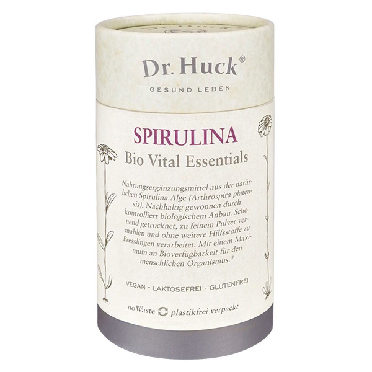 Cilindrische kartonnen doos met opschrift: Dr. Huck, Spirulina Bio Vital Essentials. Vegan, lactosevrij, glutenvrij. Plantillustraties.