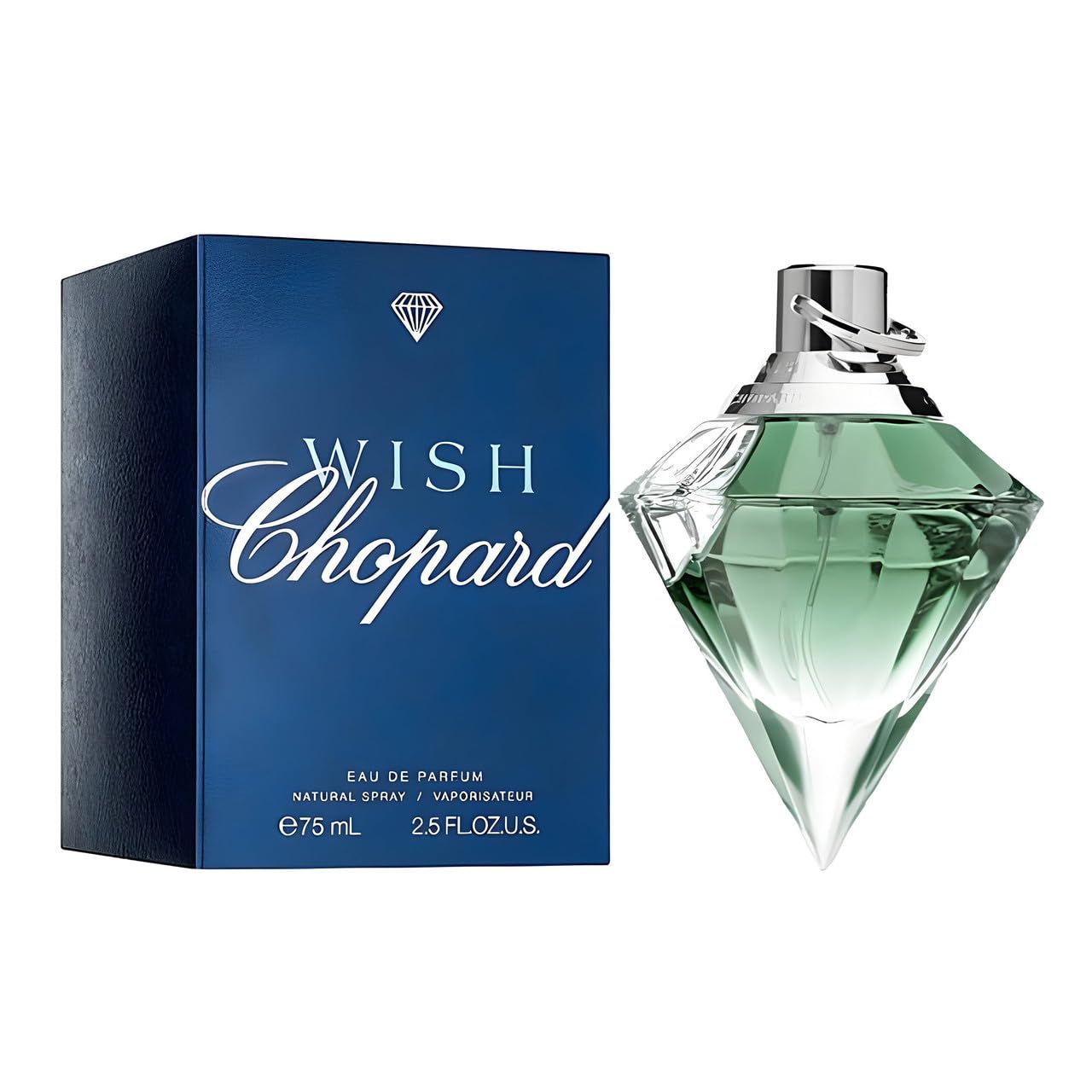 Parfumfles en doos. Diamantvormige fles, groen. Blauwe doos met 'Wish Chopard'.
