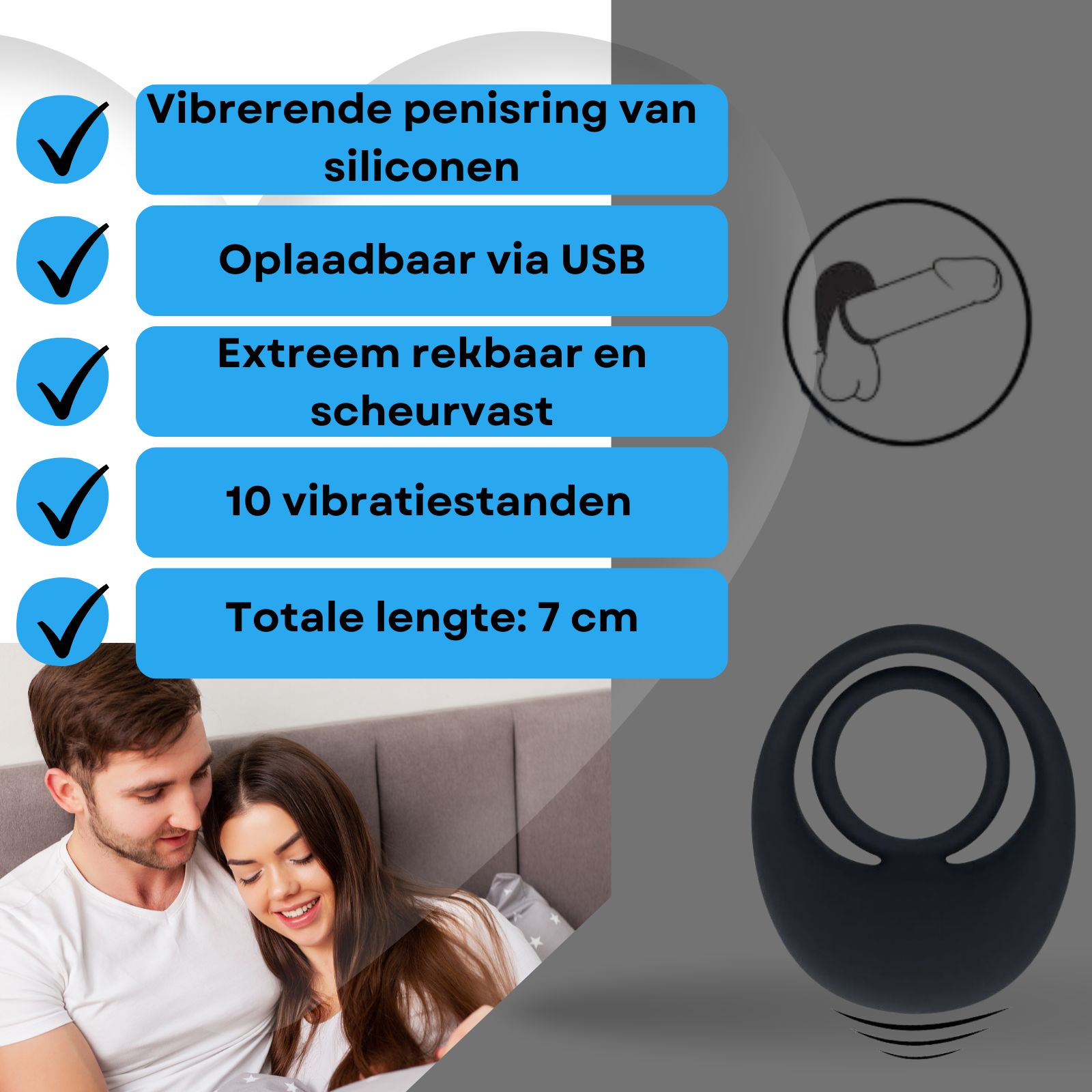 Koppel in bed. Vibrerende penisring, tekst: rekbaar, USB oplaadbaar.