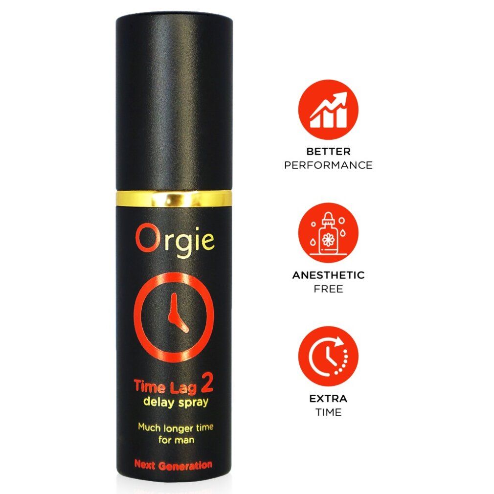 Flacon noir avec bague dorée. Inscription : Orgie, Time Lag 2 Delay Spray. Logo de cadran orange. Icônes.