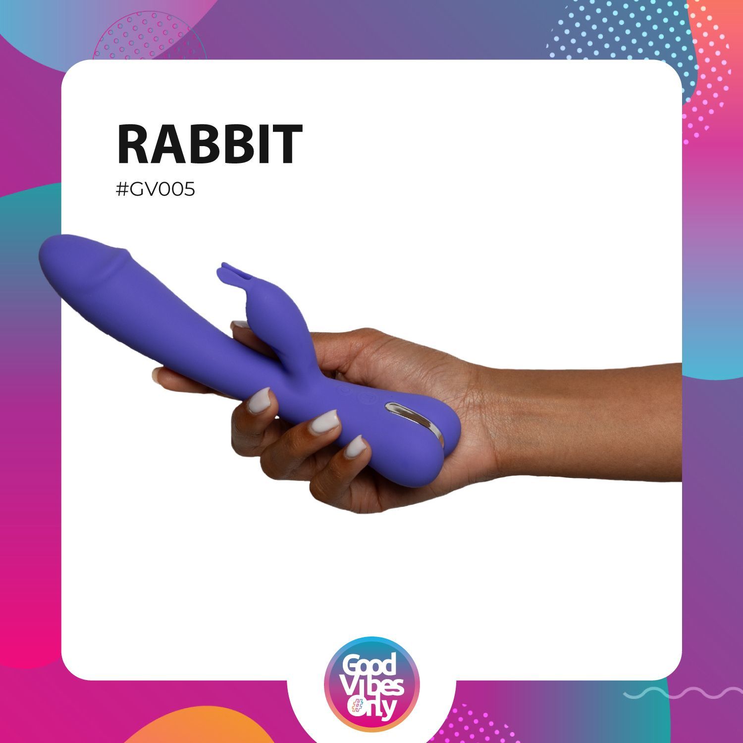 Paarse vibrator met konijnenoren. Hand houdt vibrator vast. Opschrift "Rabbit" en "Good Vibes Only".