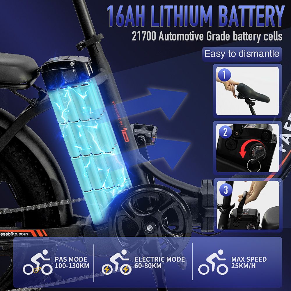 E-bike batterij 16 Ah, 21700 cellen. Illustratie batterij en demontage-instructies. PAS-modus, elektrische modus, max. snelheid.