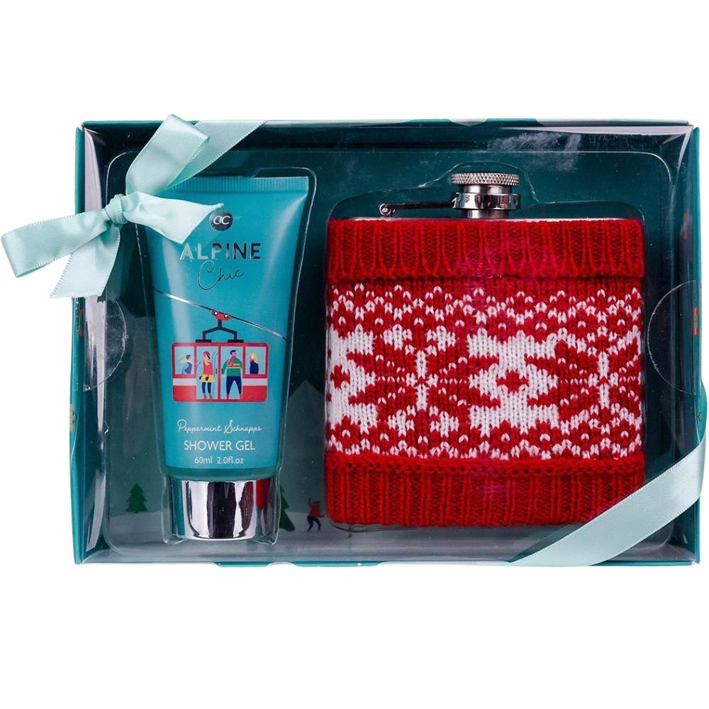 Coffret cadeau avec gel douche et flasque. Emballage turquoise avec ruban. Flasque en tricot rouge. Gel douche avec logo.