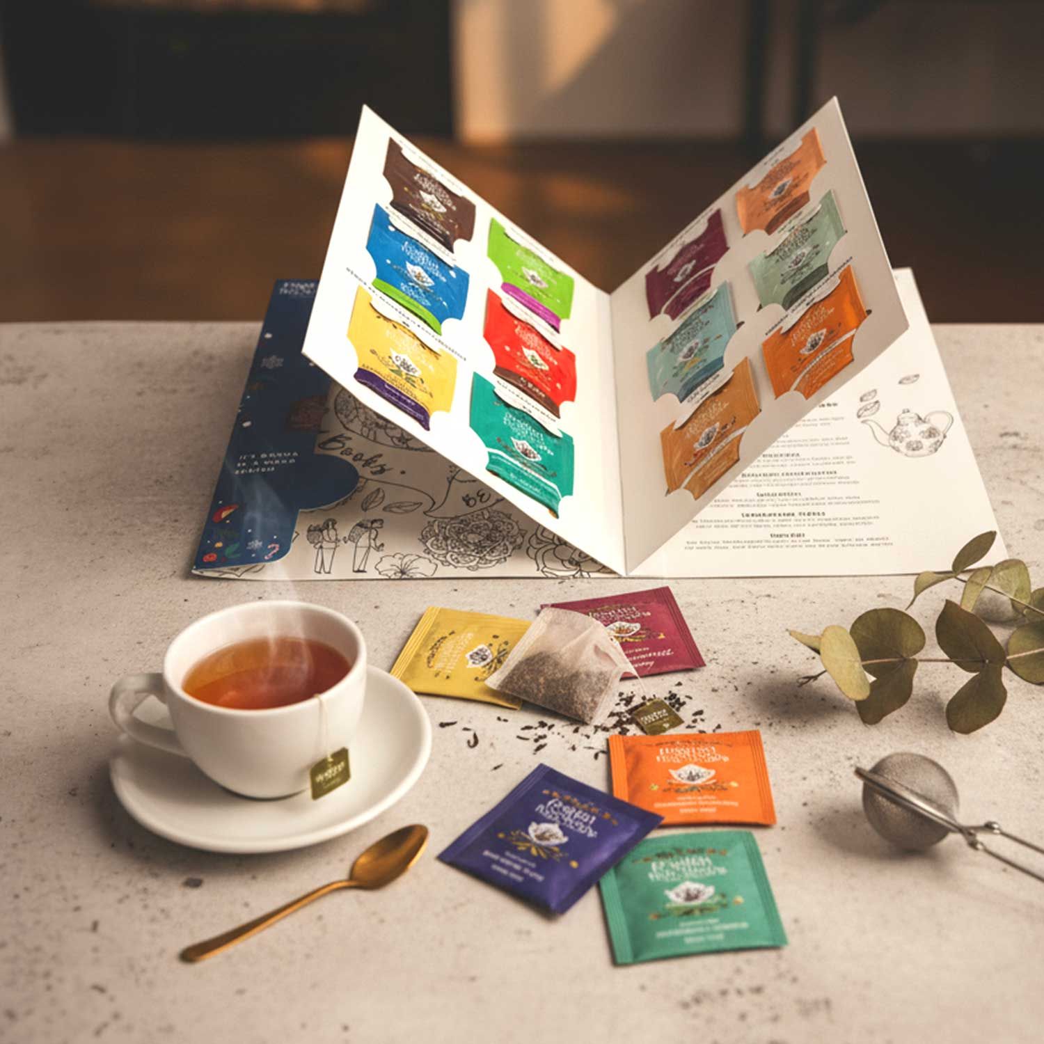 Adventskalender open met theezakjes. Kopje thee, lepel en theezeef. Verschillende theezakjes in felle kleuren.