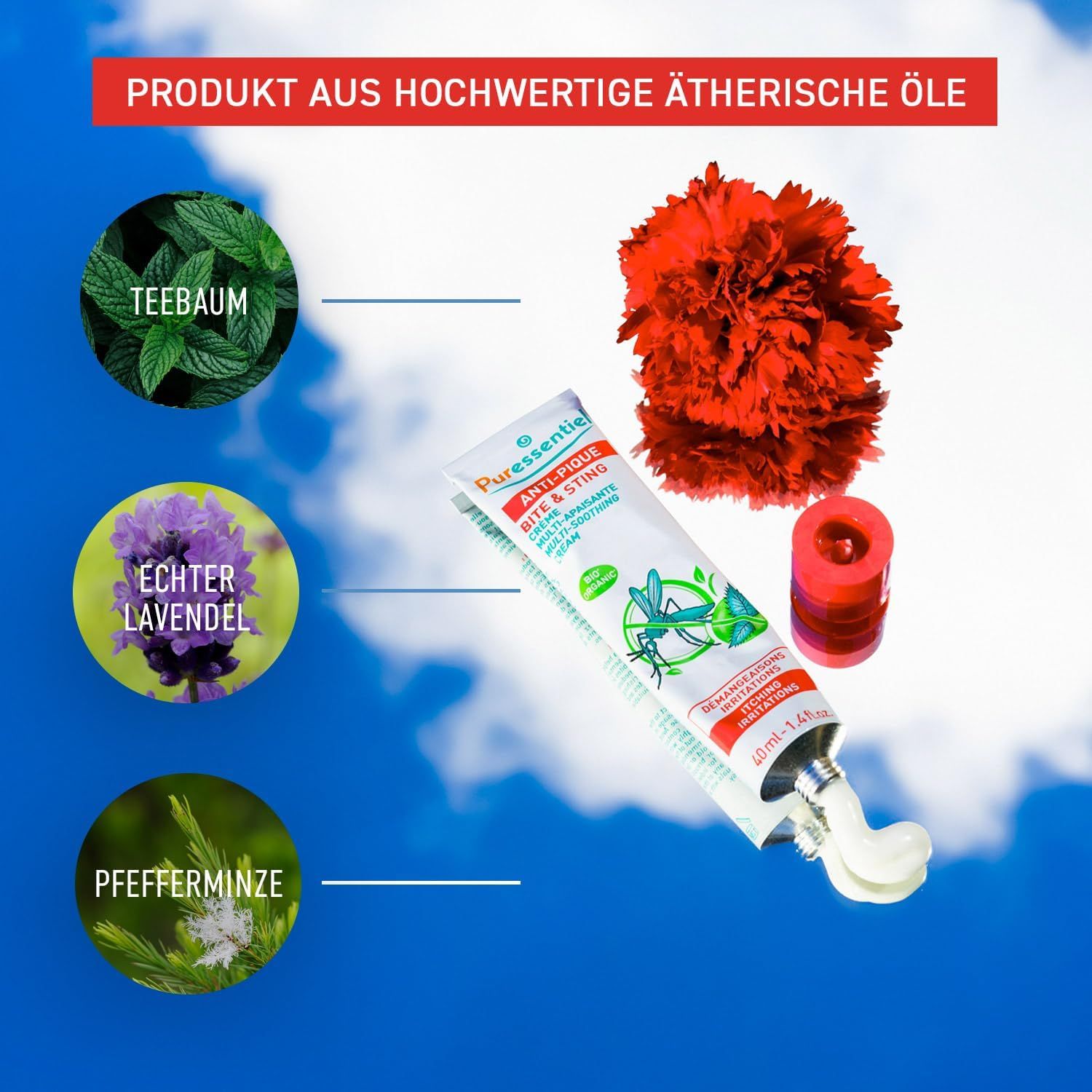 Tube de crème avec ingrédients. Inscription: Anti-Pique, Bite & Sting. Illustration: moustique et feuilles. 40 ml. Produit à base d'huiles essentielles.