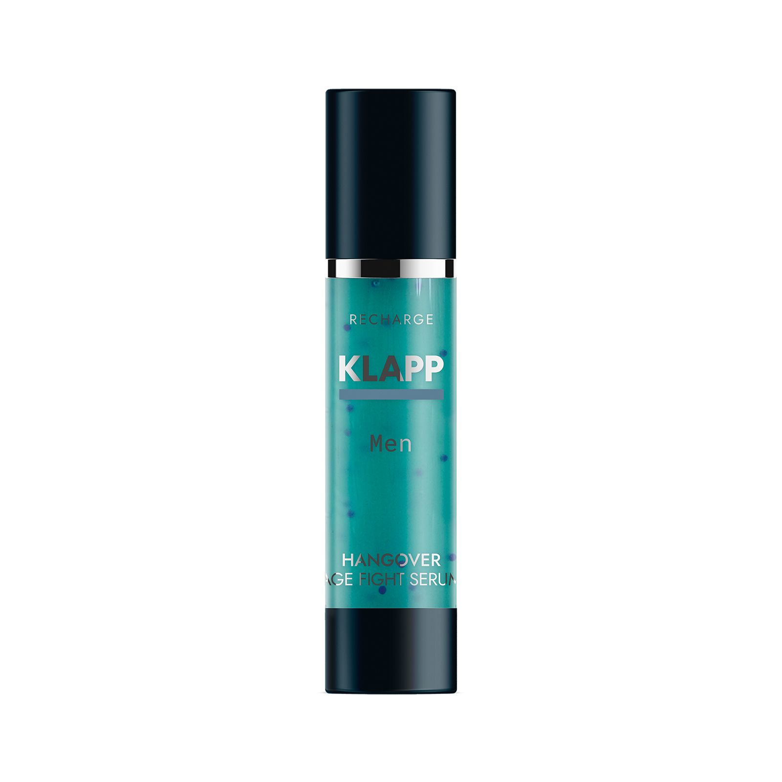 Serumfles met zwarte dop. Opschrift: KLAPP Men, Hangover Age Fight Serum.