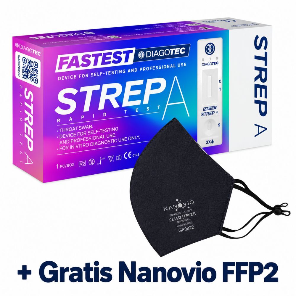 Boîte de test rapide Strep A avec kit de prélèvement de gorge. Contient 1 test par paquet.