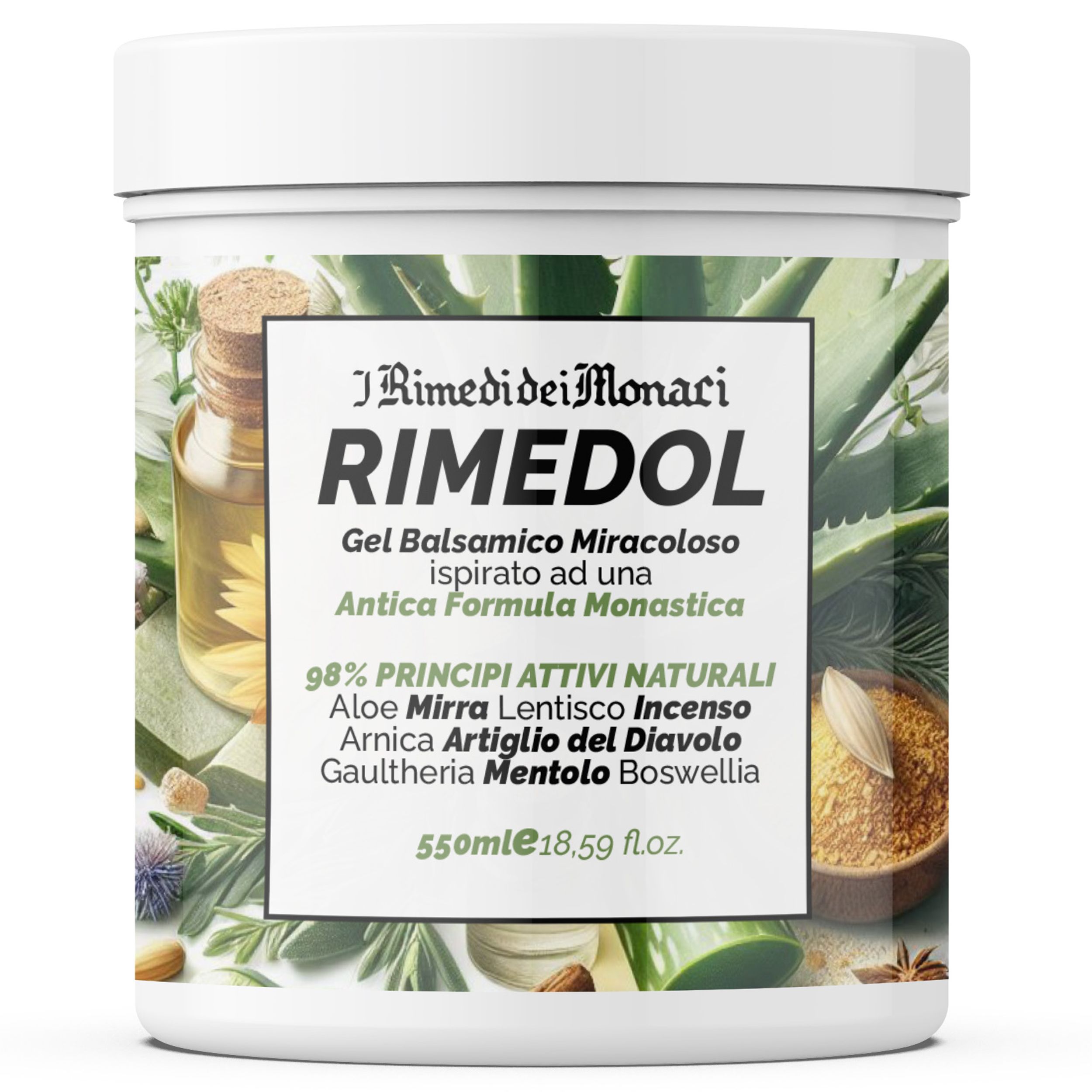 Witte pot met label. Tekst: IRimediDeiMonaci Rimedol, Gel Balsamico Miracoloso, 550ml, 98% natuurlijke ingrediënten.