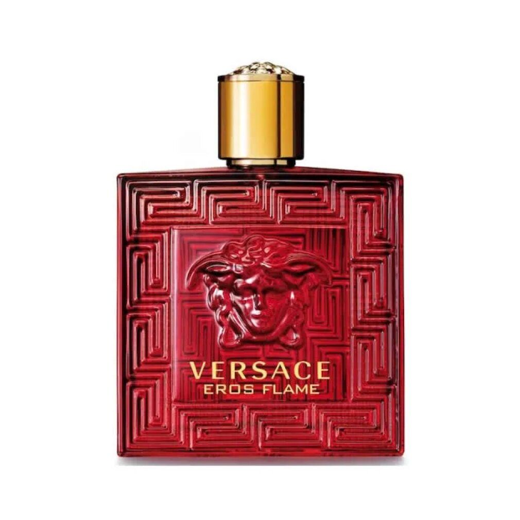 Flacon rouge Versace Eros Flame. Forme carrée, gaufrée. Bouchon doré. Logo et texte.