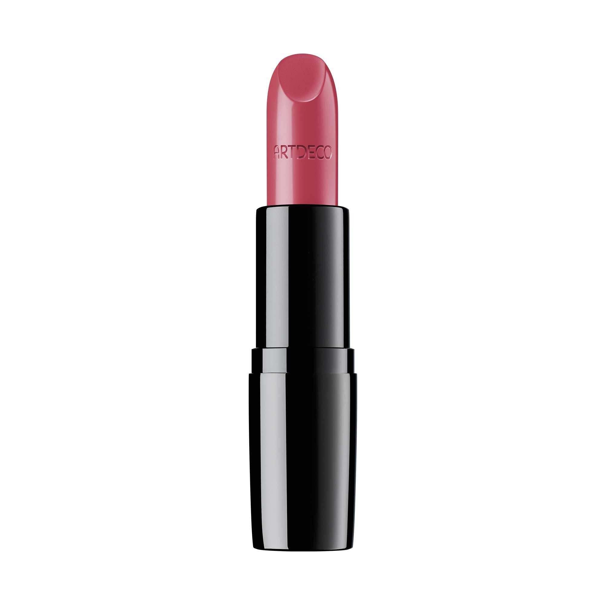 Rouge à lèvres Artdeco Perfect Color dans un boîtier noir, debout, avec un rouge à lèvres rose.