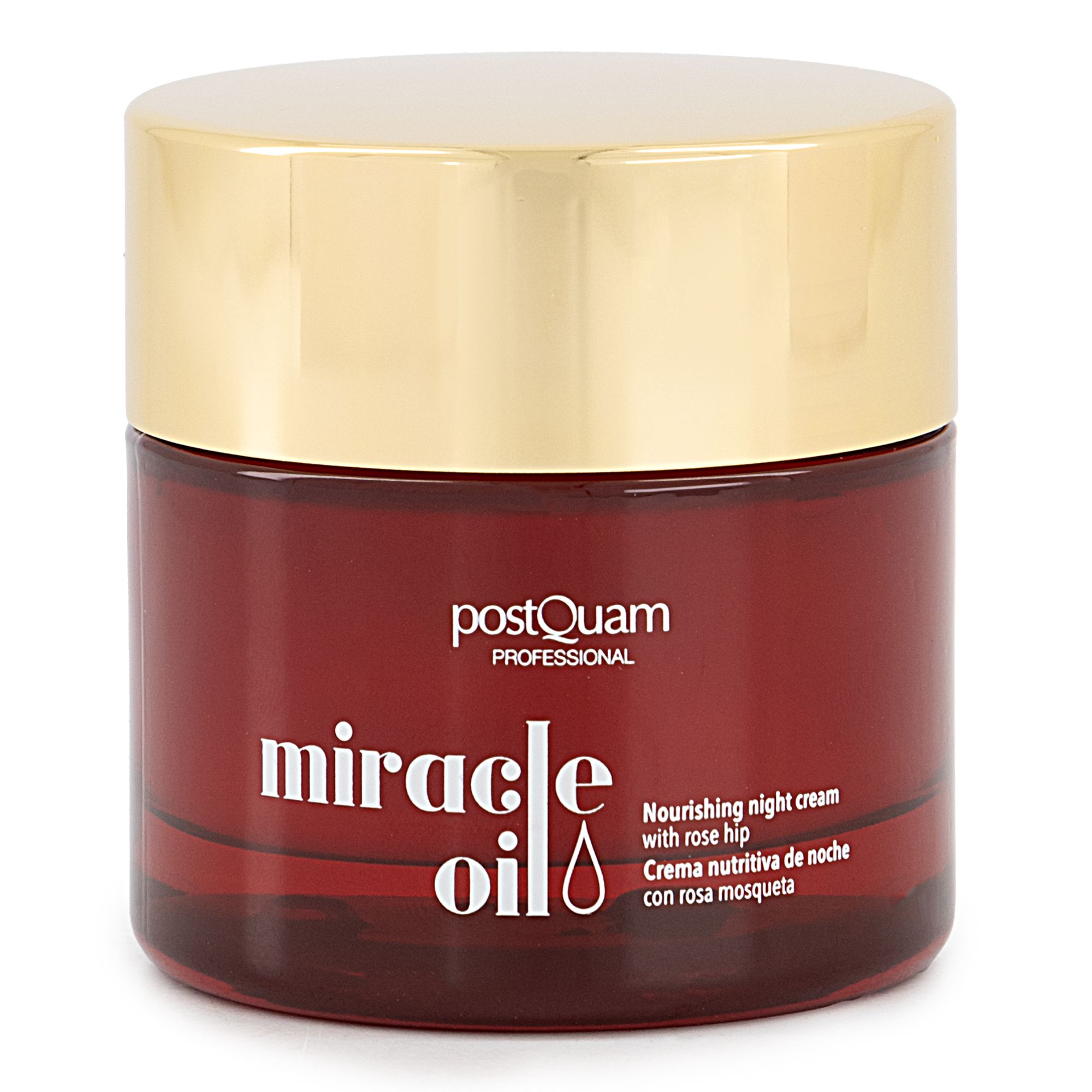 Pot rouge avec couvercle doré. Inscription : "postQuam PROFESSIONAL miracle oil". Texte : "Nourishing night cream with rose hip".