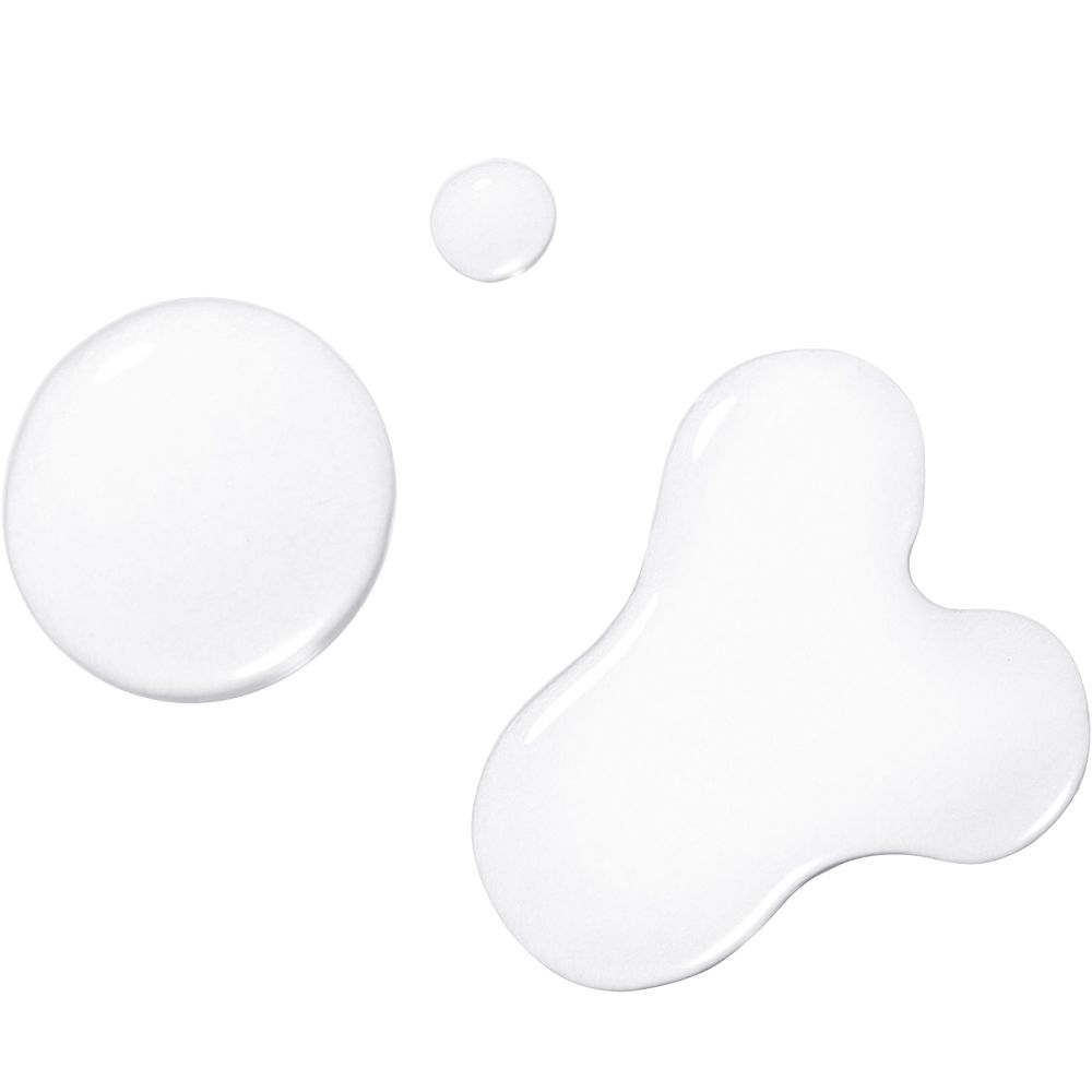 Trois gouttes de liquide sur fond blanc. Formes: rondes et irrégulières. Clair et transparent.