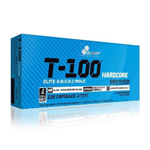 Boîte bleue avec le nom du produit T-100 Hardcore. Contient 120 capsules. Marque Olimp. Texte : Elite A.N.D.R.O Male.