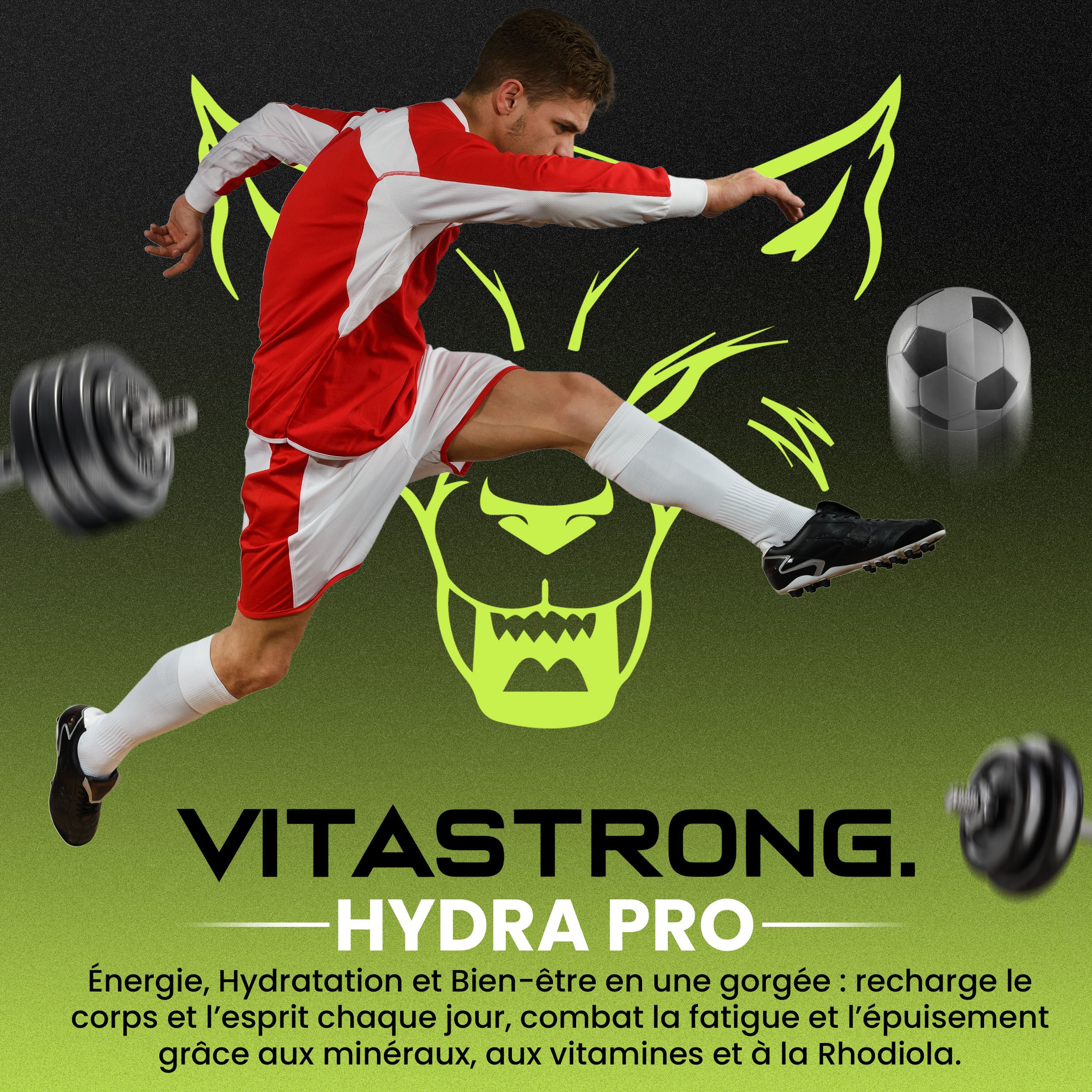 Voetballer. Tekst: "HYDRA PRO", energie, hydratatie en welzijn. Vitastrong.