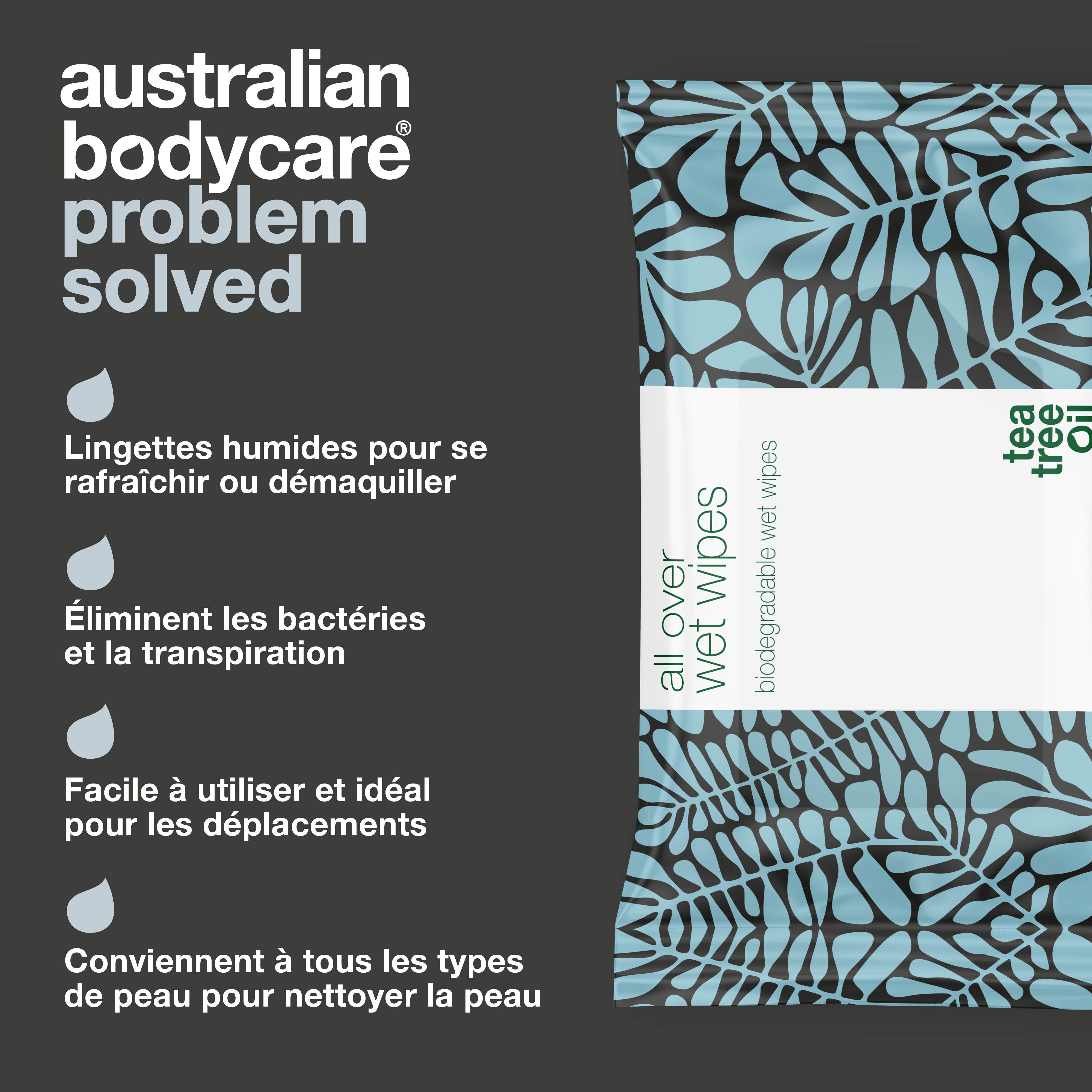 Paquet de lingettes humides au Tea Tree Oil. Texte : all over wet wipes. Texte : Australian Bodycare. Texte : Problem solved.