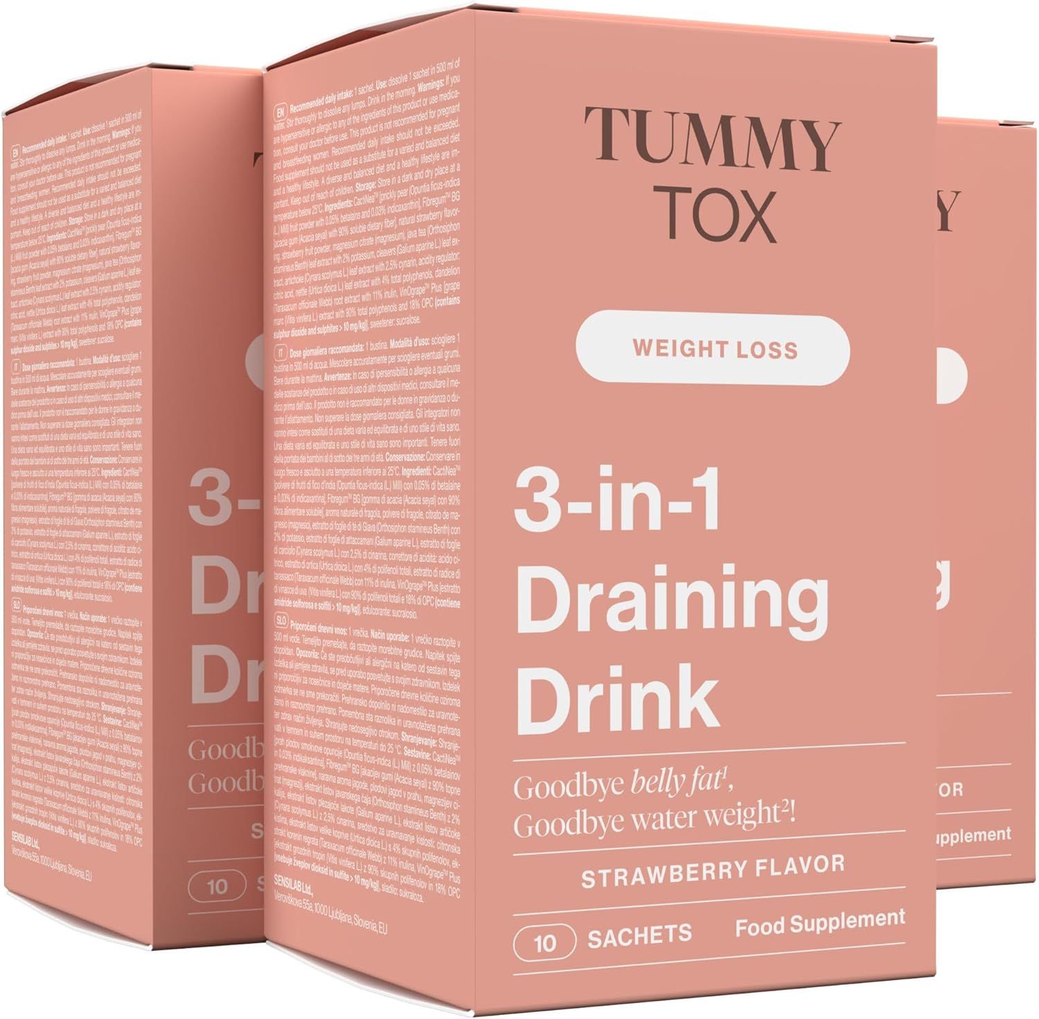 Trois paquets de Tummy Tox 3-en-1 Draining Drink. Inscription: 3-en-1 Draining Drink, saveur fraise, 10 sachets, complément alimentaire.